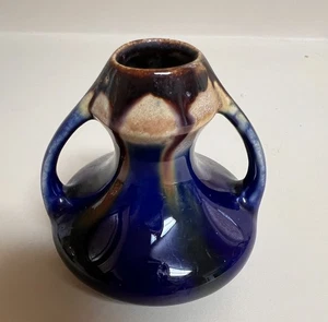 FAIENCERIE De THULIN BELGIUM POTTER VASE COBALT DRIP DOUBLE HANDLE 3.5” - Picture 1 of 5