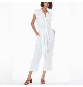 YOUNG FABULOUS & BROKE White Linen Collar Jumpsuit Medium Belt Utility - Picture 1 of 10