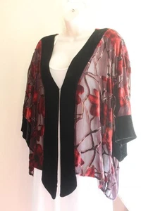 Boho Goth Duster Womens L Wine Red Blk Floral Devore Silk Velvet Semi Sheer CCC - Picture 1 of 8