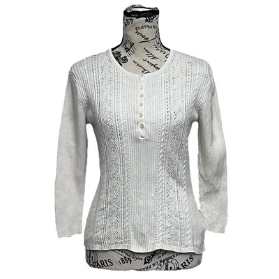 Vtg Y2k Ivory Cable Knit Sweater Henley Cottegecore Coquette Fishermen Cabin M - Image 1 of 4