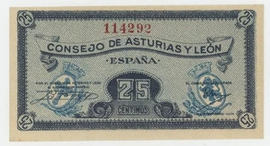 Banconota Spagna España Asturias y Leon 25 Centimos 1936 P S601 UNC non circolata - Foto 1 di 2
