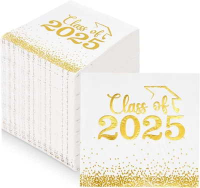 Servilletas de graduación clase de 2025 - 100 piezas servilletas de papel a lunares blancas y doradas Foto 1 de 4