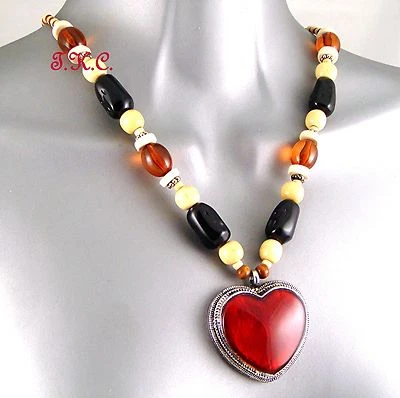 Shabby Chic Kitsch Rot Schwarz Holz Cloisonné Land Westen Herz, Wag Halskette - Bild 1 von 4