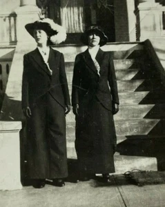 Two Women Dark Dress Feather In Hat B&W Photograph 2.5 x 3.5 - Picture 1 of 3