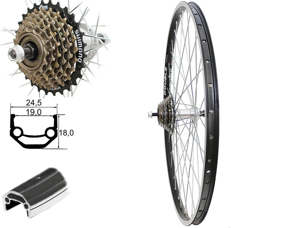 28 Zoll Hinterrad Laufrad schwarz Hohlkammerfelge 7 fach Kranz Shimano Zahnkranz - Bild 1 von 1