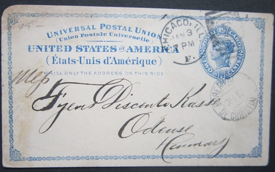 US 1889 Stationery  Postal Card UX6 Chicago 3.1.1889 to Odense, Denmark - Image 1 of 1