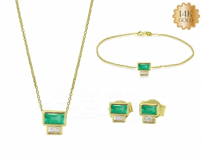 Conjunto de joias e brinco de ouro 14K com baguete natural diamante e esmeralda - Imagem 1 de 4