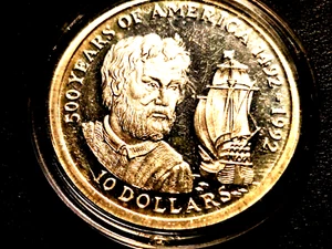 1990 COOK ISLANDS 500 YEARS OF AMERICA SILVER TEN DOLLARS COLUMBUS  - Bild 1 von 2