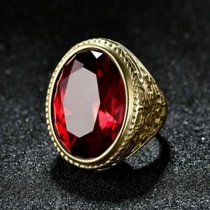 6Ct Oval Blood Red Garnet Simulated Men's Bezel Ring Silver Yellow Gold Plated - Picture 1 of 11