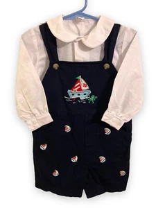 BabY Shortalls Segeln Teddybär bestickt maritim 2-teiliges Outfit 18 Monate neu ohne Etikett - Bild 1 von 9