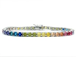 Multi-Color Gemstone Tennis Rainbow Bracelet 7" Real 925 Sterling Silver 4mm