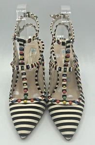 Boden Ashley Striped Courts heels Pumps Spain Studded Double T Bar Straps Sz 5.5 - Picture 1 of 16