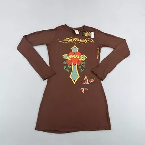 Vestido vintage Ed Hardy para mujer grande marrón Christian Audigier camisa Y2K Deadstock - Imagen 1 de 12