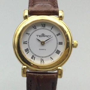 Tempic Watch Women 27mm Gold Tone 1802G Round Leather Band New Battery - Picture 1 of 17