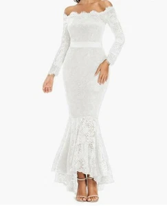 LALAGEN Women's Floral Lace Long Sleeve Off Shoulder Wedding Mermaid Dress - Picture 1 of 5