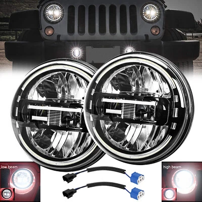 Pair 7'' Round LED Headlights Hi/Lo With Halo DRL For Jeep Wrangler JK TJ LJ CJ - Image 1 of 4