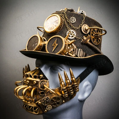 Burning Man Gold Scientist Top Hat Robot Mask Halloween Steampunk Party Costume - Image 1 of 4
