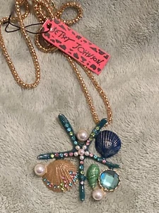 STARFISH Pearl SHELLS Rhinestone Betsey Johnson Necklace Pendant Dark Blue - Picture 1 of 5