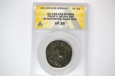 Philip II (AD 244-249). AE sestertius (29mm). ANACS VF-35.  Lovely. - Image 1 of 4