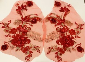 Mirror pair Red Gold beads sequins lace applique dancing costume lace motif - Picture 1 of 15
