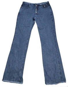 Women's Harley Davidson Button Fly Embroidered Fringe Blue Denim Sz 6 Raw Hem - Picture 1 of 11