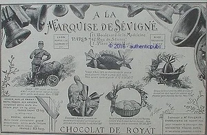 PUBLICITE MARQUISE DE SEVIGNE CHOCOLAT SOLDAT CIGOGNE POISSON CLOCHE DE 1916 AD - Picture 1 of 1