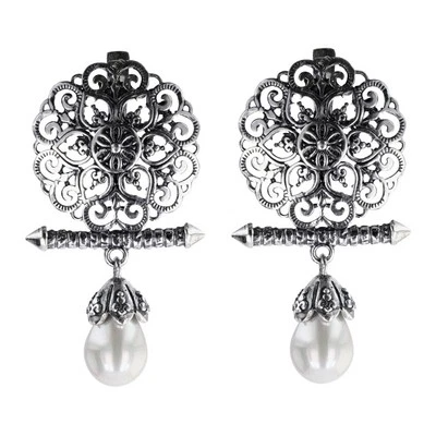 Sterling Silver Filigree Earrings with Pearl Drop | Handmade Vintage Style Jewel - Image 1 of 4
