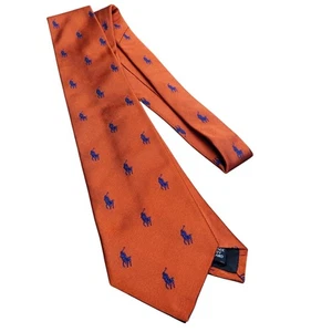 Vintage Polo Ralph Lauren Pony Equestrian Logo Print Orange Silk Neck Tie - Picture 1 of 6
