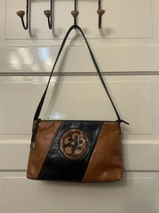 Vintage Louis Feraud PARIS Black leather Chocolate Accent Daisy Shoulder Handbag - Picture 1 of 9