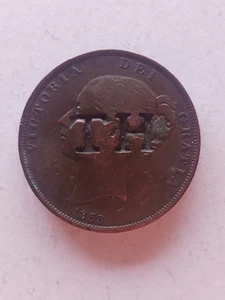 1853 Great Britain Queen Victoria Penny - Counterstamped "TH" - Picture 1 of 2