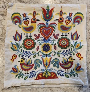 Vintage Columbia-Minerva Kreuzstich Kissenhülle Volkskunst fertig 14"x14" - Bild 1 von 5