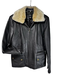 Bomber Lambskin Leather Jacket Womens XL Dark Brown Faux Fur Removeable Collar - Picture 1 of 9