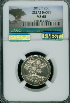 2013 P GREAT BASIN QUARTER NGC MS68 PQ MAC FINEST GRADED MAC SPOTLESS .  - Image 1 of 4