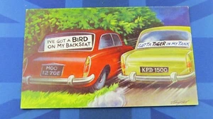 Saucy Bamforth Motoring Comic Postkarte 1960er Vogel Rücksitz Tiger im Panzer N 2464 - Bild 1 von 2