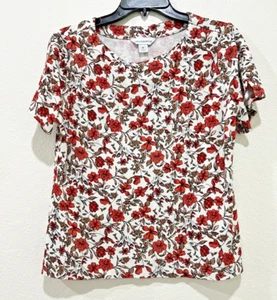Liz Claiborne Women's Red & White Floral Short Sleeve T Shirt Round Neck Medium - Picture 1 of 8
