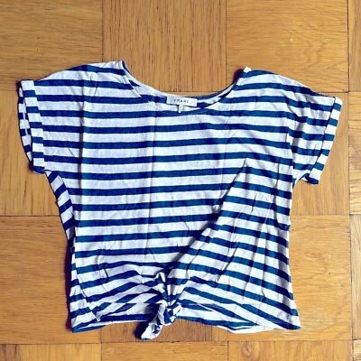 Montura Algodón/Lino Mezcla Ajuste Relajado Corbata Frontal Azul/Blanco Rayas Camiseta XS USADA EN EXCELENTE ESTADO Foto 1 de 4