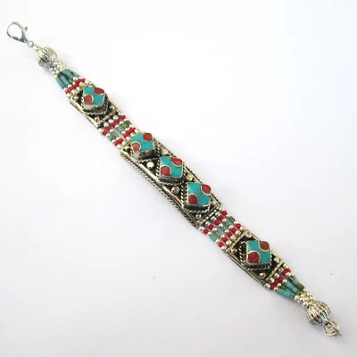 Handmade Tibetan Silver bracelet with round Turquoise and Coral gemstones - Image 1 of 4