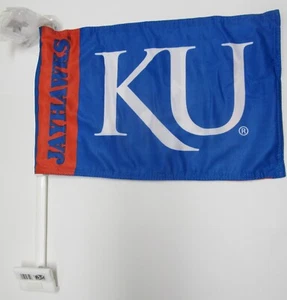 KANSAS JAYHAWKS NCAA DOUBLE SIDED CAR FLAG with WALL MOUNT - Picture 1 of 13
