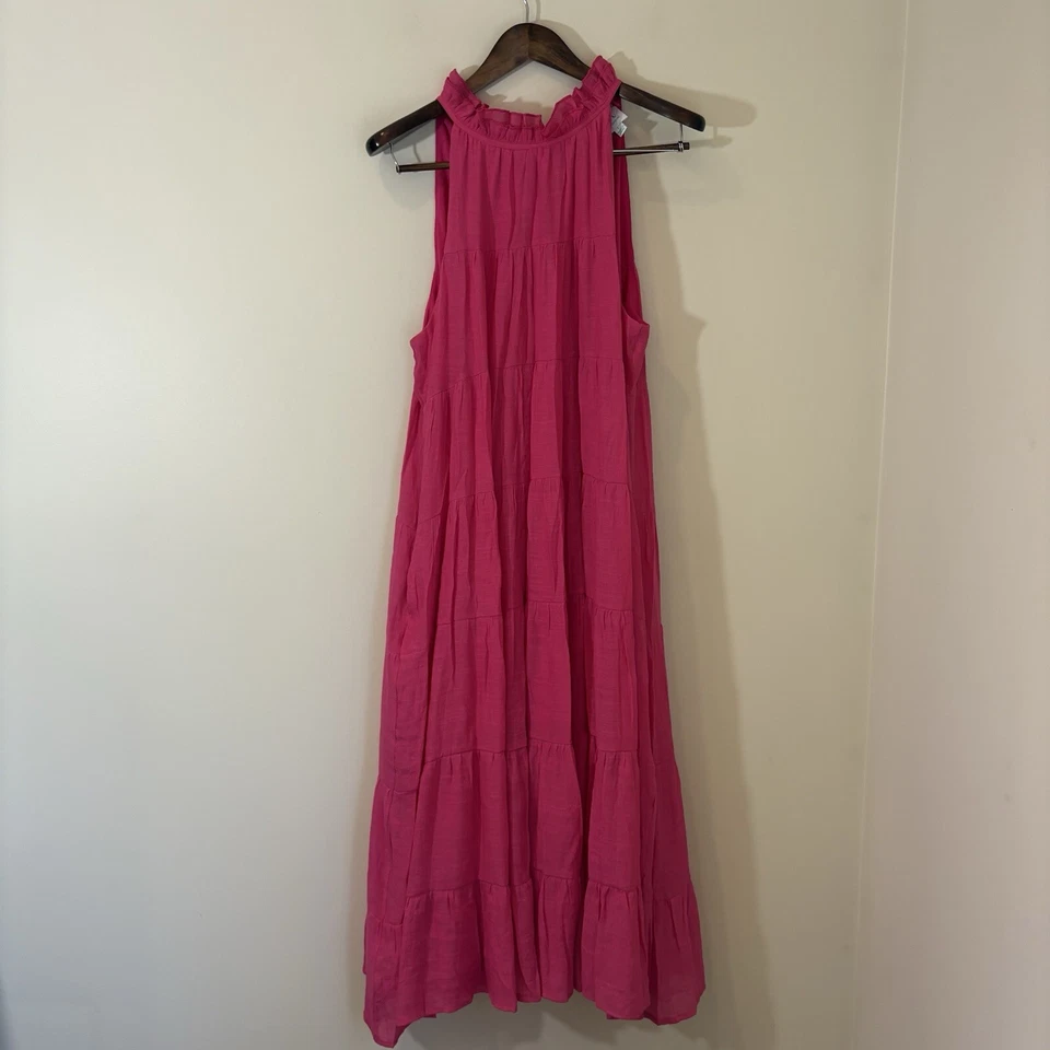 Vestido midi para mujer The Mint grande rosa gasa con volantes en capas cuello atado boho playero Foto 1 de 4