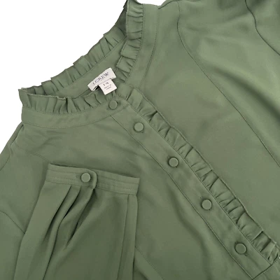 Blusa Pullover Semi Transparente J CREW Mujer 14 Cubierta Oliva Botón Volantes Gasa Foto 1 de 4