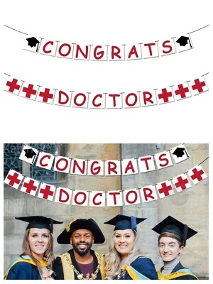 "CONGRATS DOCTOR" Banner Grad Graduation Decorations 10ft White & Red Felt - Image 1 of 2