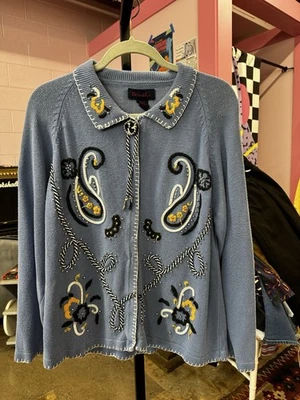 Denim & Co. Women’s Large Button Up Cardigan Western Bolo Tie Knit Collared Blue - Image 1 of 4