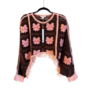 Neu mit Etikett House of Harlow 1960 Häkel Fransen Poncho rosa Schleifen Einheitsgröße braun Boho - Bild 1 von 6