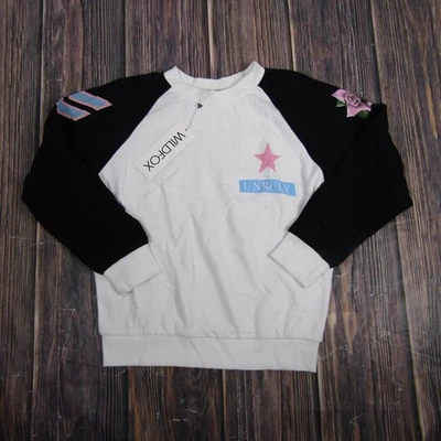 Wildfox Sweatshirt Womens Small White Black Unruly Cotton Sherpa Raglan Crewneck - Image 1 of 4