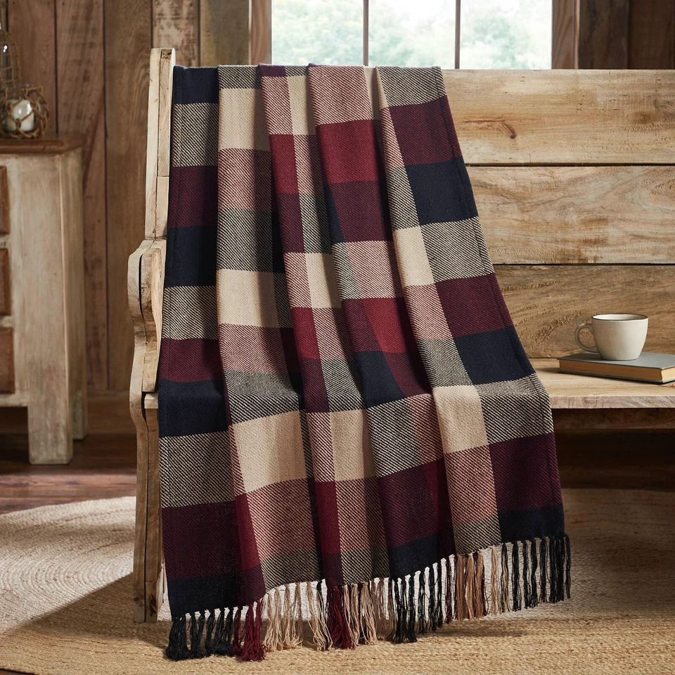 New Rustic Cabin CRANBERRY BLACK CHECK THROW Woven Afghan Blanket Coverlet - Image 1 of 3