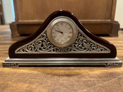 Small vintage pewter And Wood Desk/Tabletop Clock|Runs|Quartz Cover
