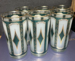 6 Longdrinkgläser Collins Libbey Nordic Goldrand Smaragd Grün Diamanten MCM - Bild 1 von 4