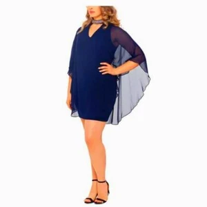Rhinestone Neckline 14W Short Mini Cape DRESS Navy Blue Chiffon Lined STUNNING - Picture 1 of 13