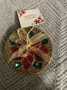 NWT Set Of 4 Pier 1 Imports Christmas Poinsettia Beaded Coasters - Picture 1 of 4