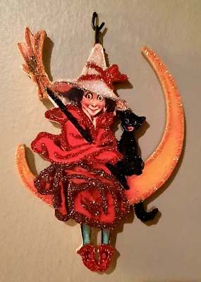 STROMBOLI'S WAGON WITCH w BLACK CAT, Sitting on CRECENT MOON * Glitter HALLOWEEN ORNAMENT Vtg Img